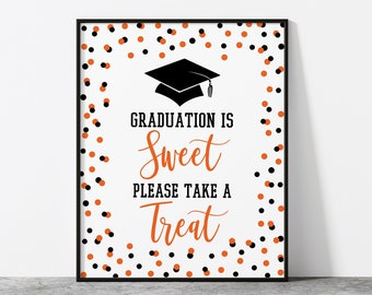 Graduation is Sweet Please Take a Treat Sign, Orange & Black Confetti Dessert Party Sign, 2 Sizes, INSTANT DOWNLOAD, OBG