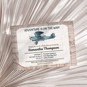 Airplane Baby Shower Invitation Template, Vintage Travel Airplane Editable Shower Invite, Adventure, Corjl