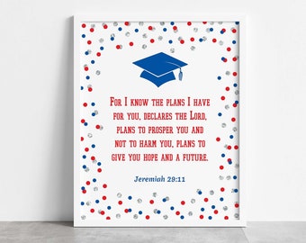 Graduation Bible Verse Sign, Patriotic Red & Blue Confetti Grad Party Sign, Scripture Verse, 2 Sizes, INSTANT DOWNLOAD, 0004