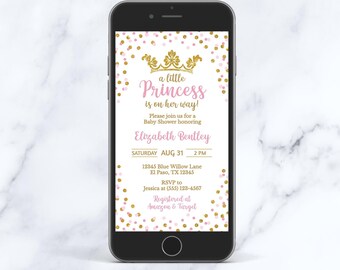 Little Princess Baby Shower Evite Template, Editable Pink & Gold Princess Baby Shower Invite, Electronic, Corjl