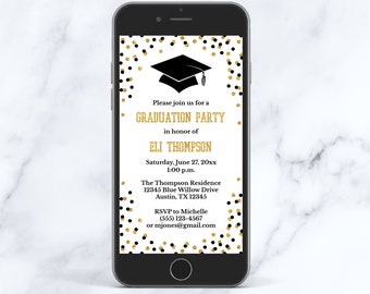 Editable Graduation Party Evite Template, Black & Gold Glitter Confetti Electronic Grad Party Invite, Corjl, BLK00