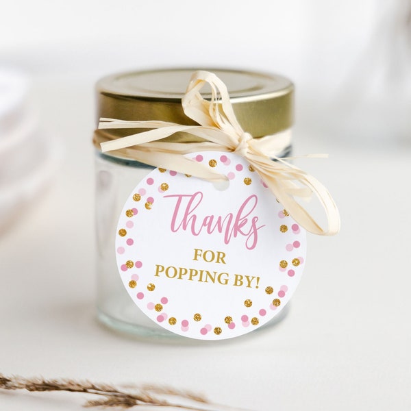 Thanks for Popping By Printable Favor Tags, Pink & Gold Glitter Confetti 2 inch Round Stickers, INSTANT DOWNLOAD