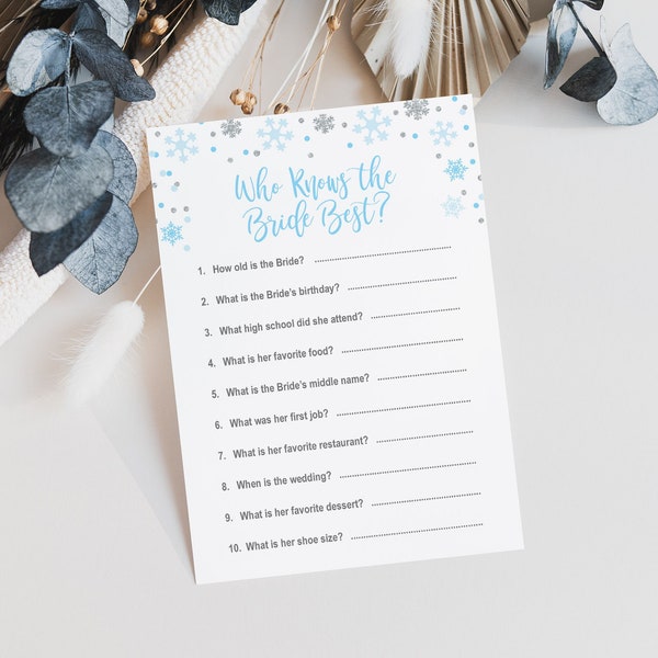 Who Knows the Bride Best Bridal Shower Game, Winter Blue & Silver Glitter Snowflakes, Wedding Shower Quiz, INSTANT DOWNLOAD, BSS