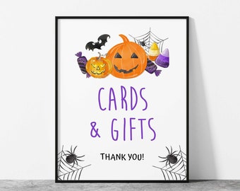 Halloween Cards & Gifts Part Sign Template, Purple and Orange Halloween Editable Shower Sign, Gift Table Sign, 2 Sizes, Corjl