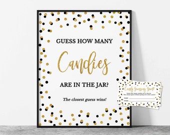 Candy Guessing Shower Game Sign & Tickets, Black and Gold Glitter Confetti Guess How Many Candies, BLK00, INSTANT DOWNLOAD