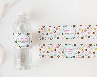 Donut Sprinkle Water Bottle Labels Template, Editable Donut Sprinkle Personalized Water Labels, TEMPLETT