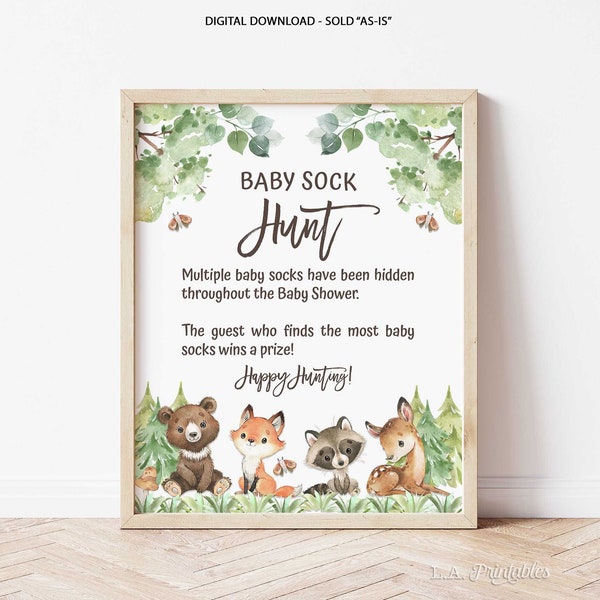 Baby Sock Hunt Baby Shower Game Sign, Woodland Animals Shower Game, 2 Sizes, INSTANT DOWNLOAD