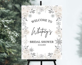 Winter Welcome Sign Template, Winter Silver Snowflakes Bridal Shower Editable Welcome Sign, Corjl, WSS