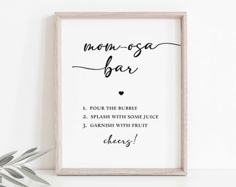 Mom-osa Bar Baby Shower Sign, Minimalist Black & White Baby Shower Mimosa Bar Sign, 2 Sizes, INSTANT DOWNLOAD