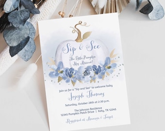 Pumpkin Sip & See Invitation Template, Fall Blue and White Pumpkin Welcome Baby Boy Editable Invite, Corjl