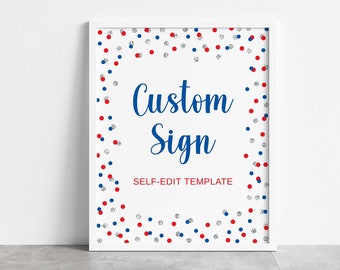 Patriotic Party or Shower Sign Template, Red & Blue Confetti Editable Custom Table Sign, 2 Sizes, TEMPLETT, 0004