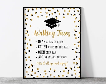 Walking Tacos Graduation Party Sign, Black & Gold Glitter Confetti Taco Instruction Sign, 2 Sizes, INSTANT DOWNLOAD, BLK00