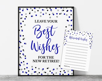 Leave Your Retirement Wishes for New Retiree Sign & Cards, Cobalt Blue and Silver Glitter Confetti, INSTANT DOWNLOAD, CBS1