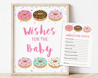 Donut Wishes The Baby Sign & Cards, Pink Sprinkle Donuts Baby Shower Activity, INSTANT DOWNLOAD