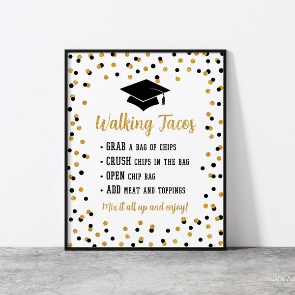 Walking Tacos Graduation Party Sign, Black & Gold Glitter Confetti Taco Instruction Sign, 2 Sizes, INSTANT DOWNLOAD, BLK00