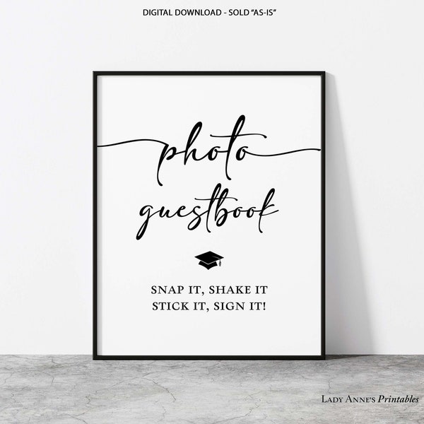 Photo Guest Book Graduation Sign, Minimalist Black & White Grad Party Table Sign, 2 Sizes, INSTANT DOWNLOAD, MGR