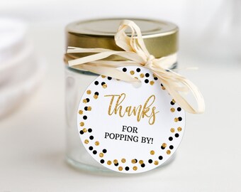 EDITABLE Thanks For Popping By Favor Tags Template, Black & Gold Glitter Confetti Birthday Stickers, 2 inch Round Tags, Corjl, BLK00