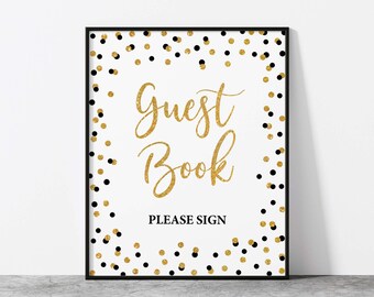 Black Guest Book Table Sign, Black & Gold Glitter Baby Shower Sign, Wedding Sign, 2 Sizes, INSTANT DOWNLOAD, BLK00