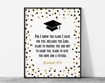 Graduation Bible Verse Sign, Black & Gold Glitter Confetti Grad Party Sign, Scripture Verse, 2 Sizes, INSTANT DOWNLOAD, BLK00