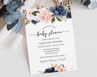 Navy & Blush Floral Baby Shower Invitation Template, Editable Baby Shower Invite, TEMPLETT