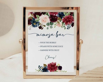 Mimosa Bar Bridal Shower Sign Template, Navy & Burgundy Floral Shower Sign, Editable Wedding Bar Sign, 2 Sizes, TEMPLETT