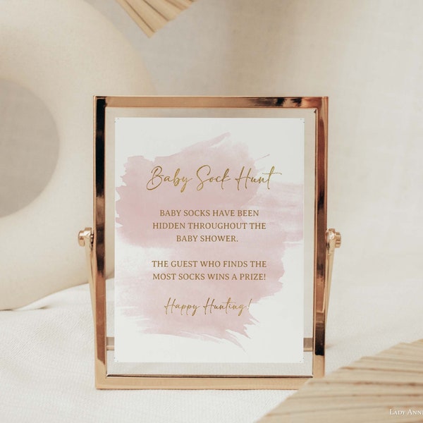 Baby Sock Hunt Baby Shower Game Sign, Watercolor Blush & Gold Shower Game, 2 Sizes, INSTANT DOWNLOAD, WBG