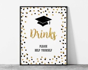 Drinks Please Help Yourself Graduation Party Sign, Black & Gold Glitter Confetti Sign, 2 Sizes, INSTANT DOWNLOAD, BLK00