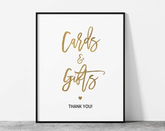 Gold Cards and Gifts Party Sign, Elegant Gold Bridal Shower Table Sign, Gold Wedding Sign, 2 Sizes, INSTANT DOWNLOAD, GLD