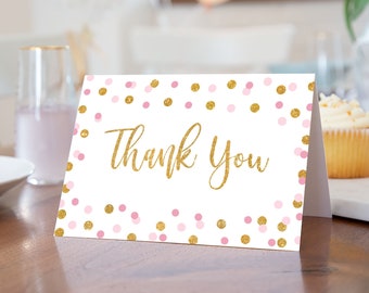 Pink Thank You Card, Pink and Gold Glitter Confetti Baby Shower Thank You, INSTANT DOWNLOAD