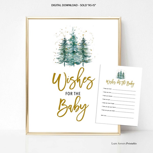 Wishes For The Baby Shower Game Cards and Sign, Winter Forest Pine Shower Activity, INSTANT DOWNLOAD