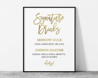 Elegant Gold Signature Drinks Menu Sign Template, Gold Bridal Shower, Gold Holiday, Editable Wedding Sign, 2 Sizes, Corjl, GLD