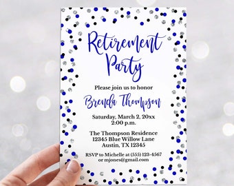 Retirement Party Invitation Template, Cobalt Blue & Silver Glitter Confetti Editable Invite, Corjl, CBS1