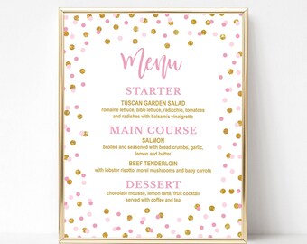 EDITABLE Pink & Gold Food Menu Sign Template, Pink and Gold Glitter Confetti Sign, 2 Sizes, Corjl