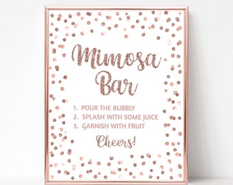 Mimosa Bar Party Sign, Rose Gold Glitter Confetti Bridal Shower Sign, Wedding Bar Sign, 2 Sizes, INSTANT DOWNLOAD