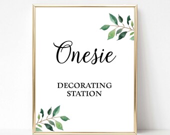 Onesie Decorating Station Baby Shower Sign, Greenery Calligraphy, 2 Sizes, INSTANT DOWNLOAD