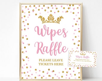 Baby Wipes Raffle Sign and Tickets, Pink & Gold Princess Baby Shower Activity, INSTANT DOWNLOAD