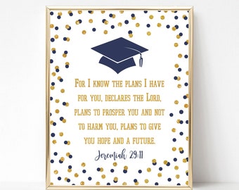 Navy Graduation Bible Verse Sign, Navy & Gold Glitter Confetti Grad Party Sign, Scripture Verse, 2 Sizes, INSTANT DOWNLOAD