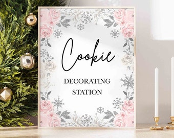 Cookie Decorating Station Sign, Winter Pink Silver Snowflakes Shower Sign, 2 Sizes, INSTANT DOWNLOAD, WPK