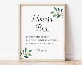 Mimosa Bar Party or Shower Sign, Greenery Calligraphy Shower Table Sign, 2 Sizes, DIY Printable