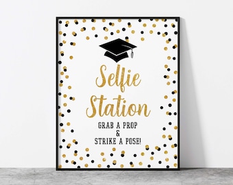 Selfie Station Graduation Party Sign, Black & Gold Glitter Confetti Grad Party Sign, 2 Sizes, INSTANT DOWNLOAD, BLK00