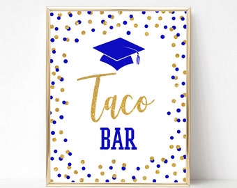 Taco Bar Graduation Party Sign, Royal Blue & Gold Glitter Confetti Grad Party Sign, 2 Sizes, INSTANT DOWNLOAD