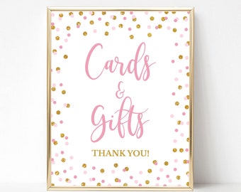 Cards and Gifts Party Sign, Pink & Gold Glitter Confetti Baby Shower Sign, Wedding, Birthday Sign, 2 Sizes, INSTANT DOWNLOAD