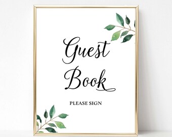 Greenery Guest Book Party Sign, Wedding Sign, Greenery Calligraphy, Shower Table Sign, 2 Sizes, INSTANT DOWNLOAD