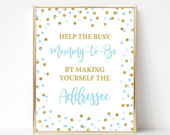 Help the Busy Mommy To Be by Making Yourself the Addressee Baby Shower Sign, Blue & Gold Glitter Confetti, 2 Sizes, INSTANT DOWNLOAD, 0002