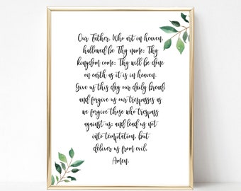 Our Father Prayer Art Print Sign, Greenery Calligraphy Christian Digital Art Sign, 3 Sizes, INSTANT DOWNLOAD