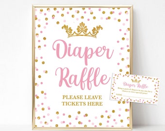 Princess Diaper Raffle Sign and Tickets, Princess Pink & Gold Baby Shower Activity, INSTANT DOWNLOAD