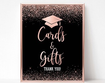Cards & Gifts Graduation Party Sign, Rose Gold and Black Confetti Gift Table Sign, 2 Sizes, INSTANT DOWNLOAD, RGB