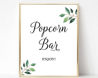 Popcorn Bar Party Sign, Greenery Calligraphy Shower, Wedding Sign, 2 Sizes, INSTANT DOWNLOAD