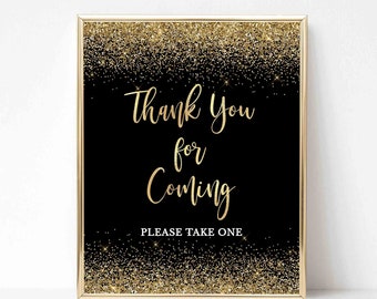 Thank You For Coming Favor Sign, Black & Gold Glitter Confetti 2 Baby Shower, Birthday, 2 Sizes, INSTANT DOWNLOAD, 002