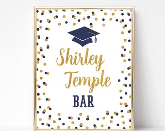 Navy Shirley Temple Bar Graduation Party Sign, Navy & Gold Glitter Confetti Drink Table Sign, 2 Sizes, INSTANT DOWNLOAD
